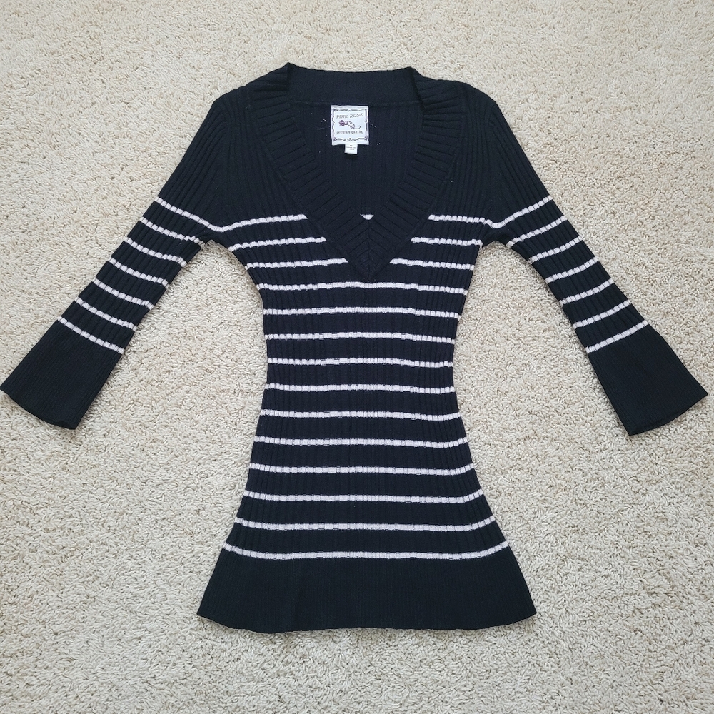 Pink Rose Black White Striped 3/4 Sleeve Stretch Sweater M Y2K